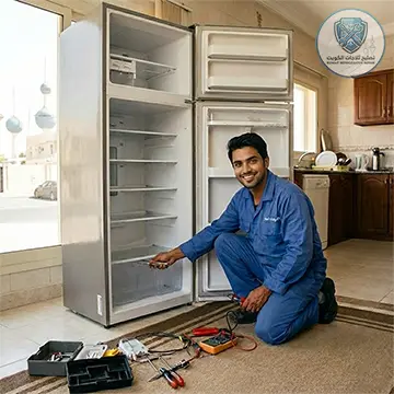 فني ثلاجات هندي يقوم بتصليح ثلاجة في المنزل داخل الكويت