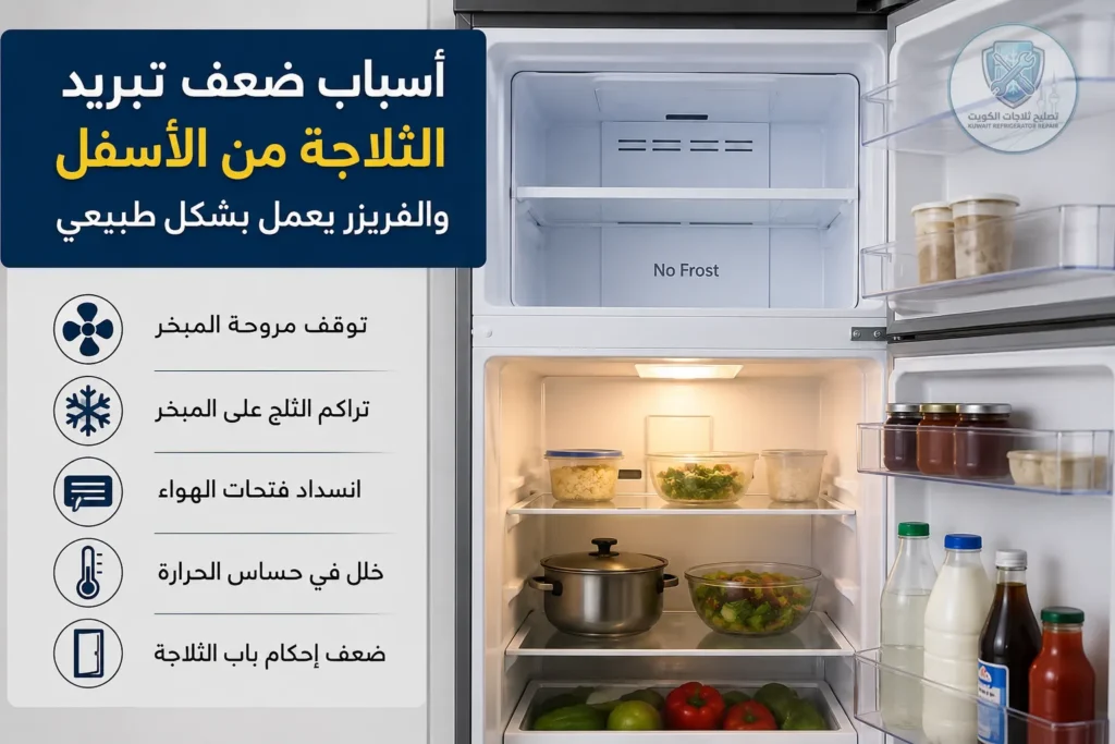 أسباب ضعف تبريد الثلاجة من الأسفل مع عمل الفريزر بشكل طبيعي أسباب ضعف تبريد الثلاجة من الأسفل مع عمل الفريزر بشكل طبيعي
