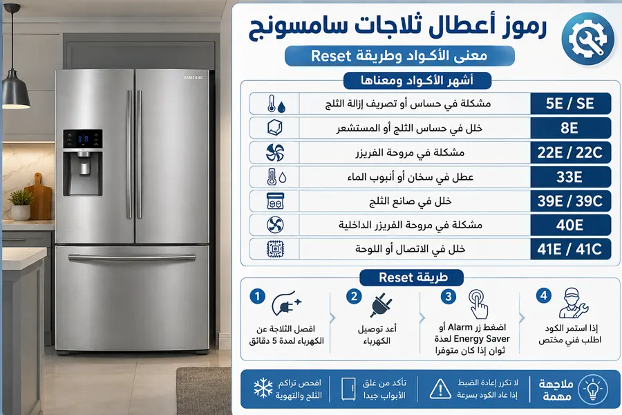 أكواد أعطال ثلاجات سامسونج وطريقة Reset رموز أعطال ثلاجات سامسونج ومعنى الأكواد وطريقة إعادة الضبط