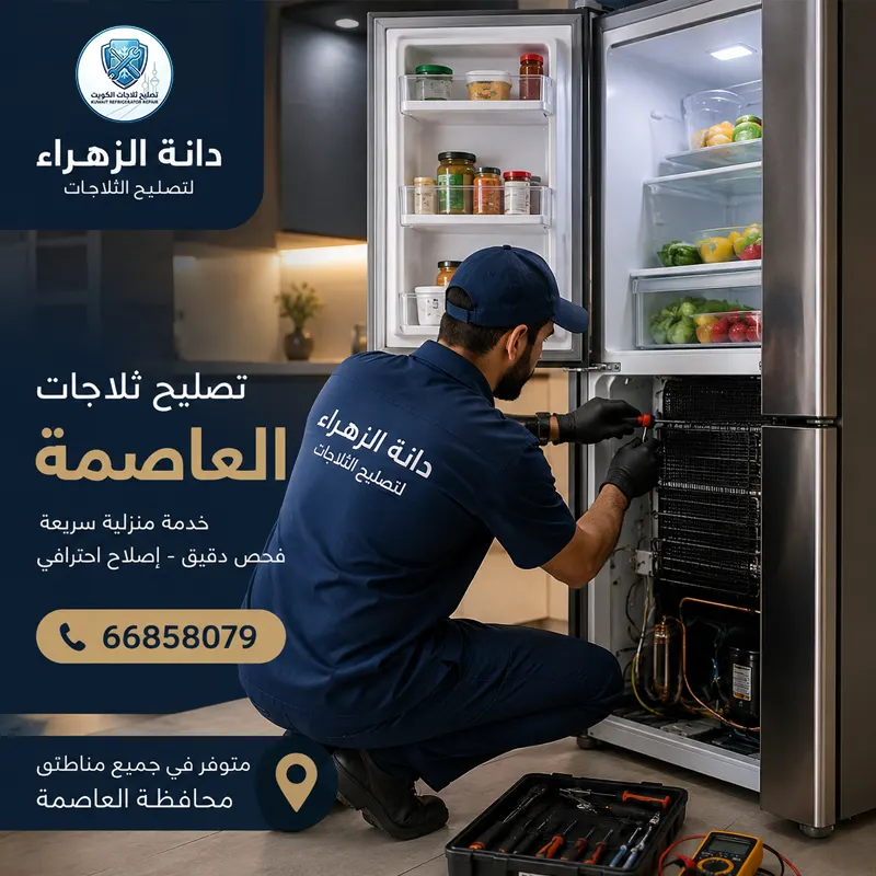 فني تصليح ثلاجات العاصمة أثناء فحص وتصليح ثلاجة في منزل العميل